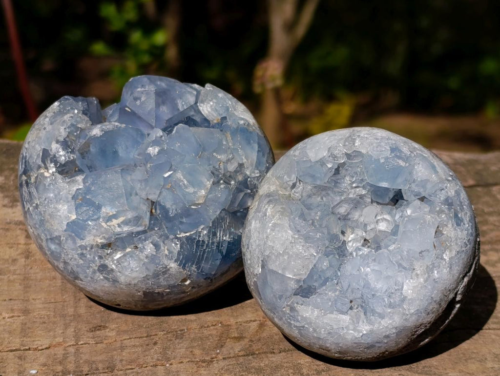 Polished and Natural Blue Celestite Geode Spheres x 3 From Sakoany, Madagascar - Toprock Gemstones and Minerals 