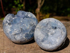 Polished and Natural Blue Celestite Geode Spheres x 3 From Sakoany, Madagascar - Toprock Gemstones and Minerals 