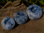 Polished and Natural Blue Celestite Geode Spheres x 3 From Sakoany, Madagascar - Toprock Gemstones and Minerals 