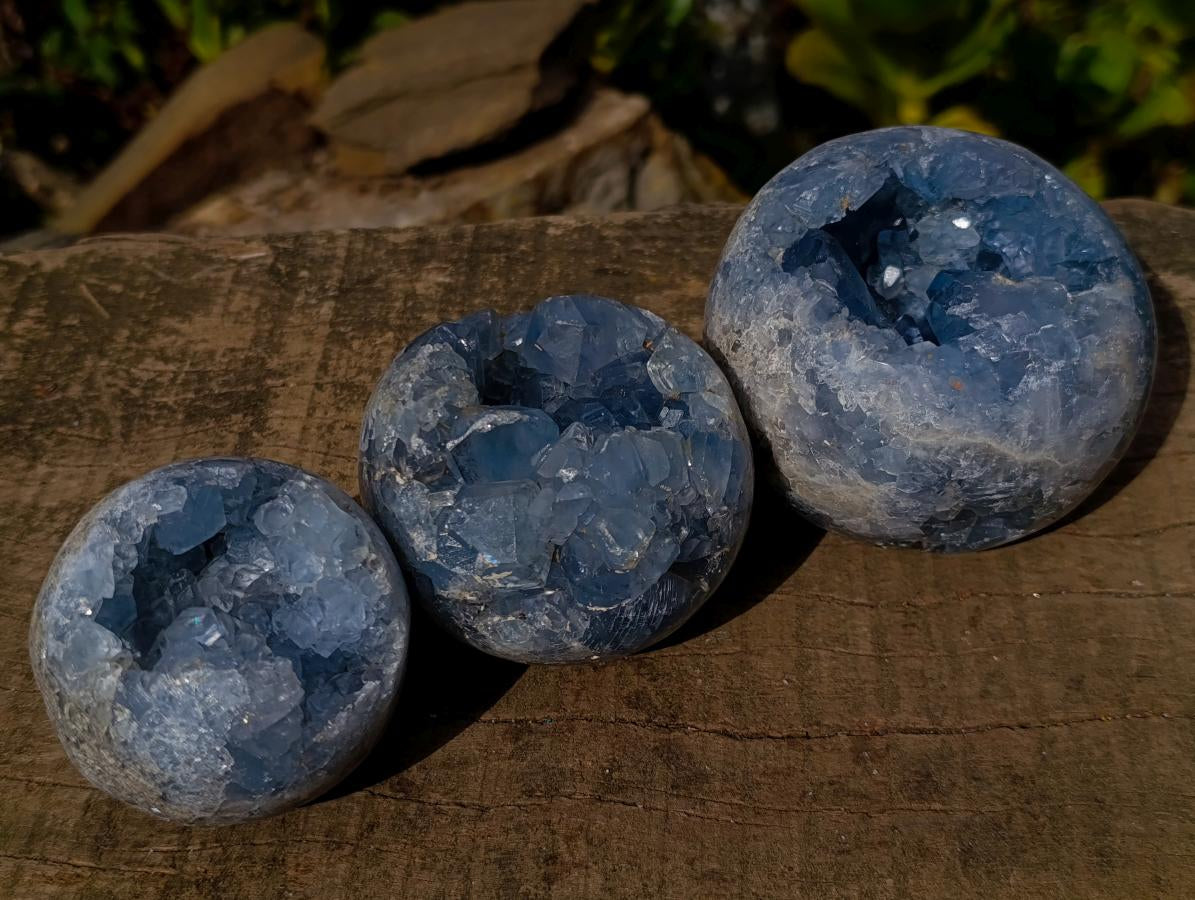 Polished and Natural Blue Celestite Geode Spheres x 3 From Sakoany, Madagascar - Toprock Gemstones and Minerals 