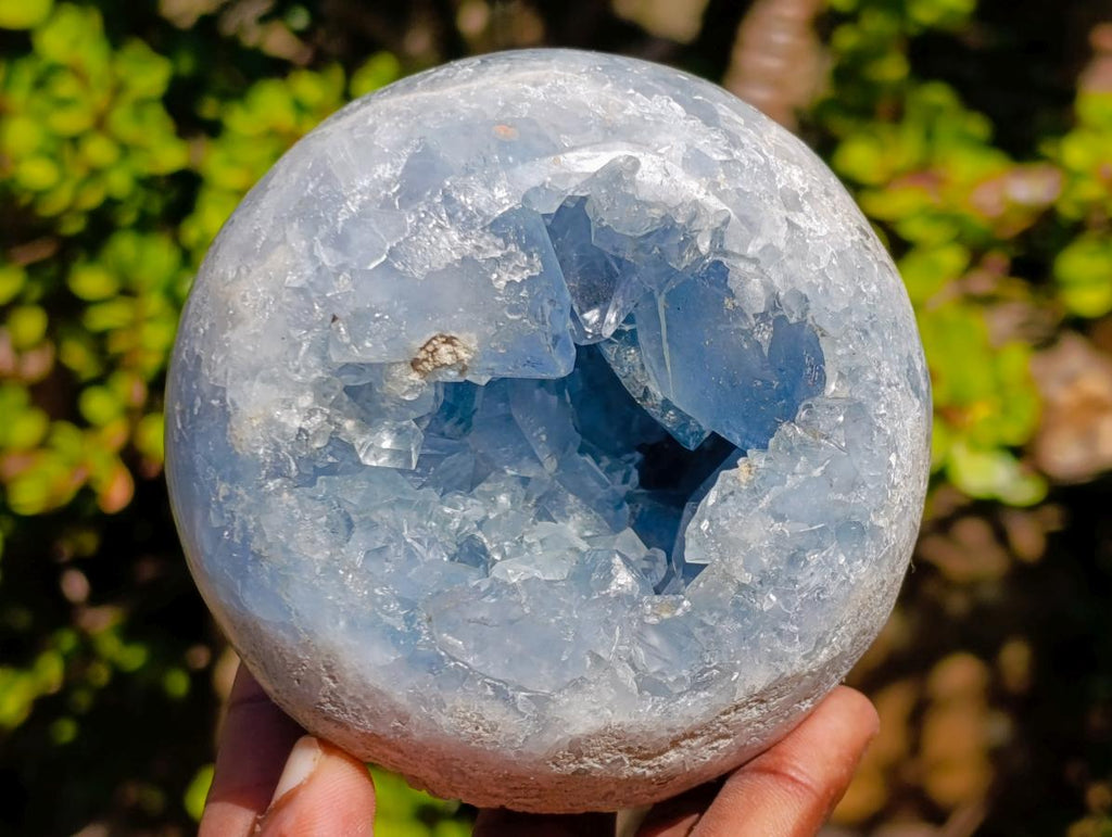 Polished and Natural Blue Celestite Geode Spheres x 3 From Sakoany, Madagascar - Toprock Gemstones and Minerals 