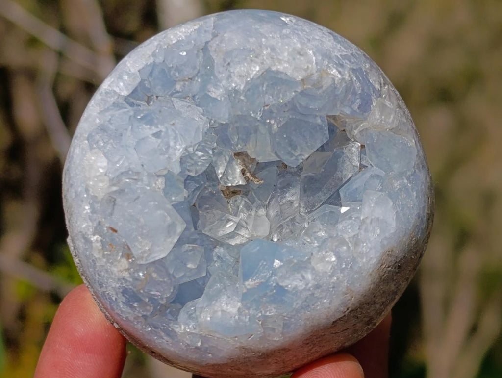 Polished and Natural Blue Celestite Geode Spheres x 3 From Sakoany, Madagascar - Toprock Gemstones and Minerals 