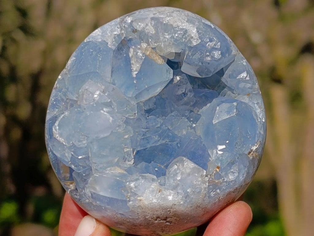 Polished and Natural Blue Celestite Geode Spheres x 3 From Sakoany, Madagascar - Toprock Gemstones and Minerals 