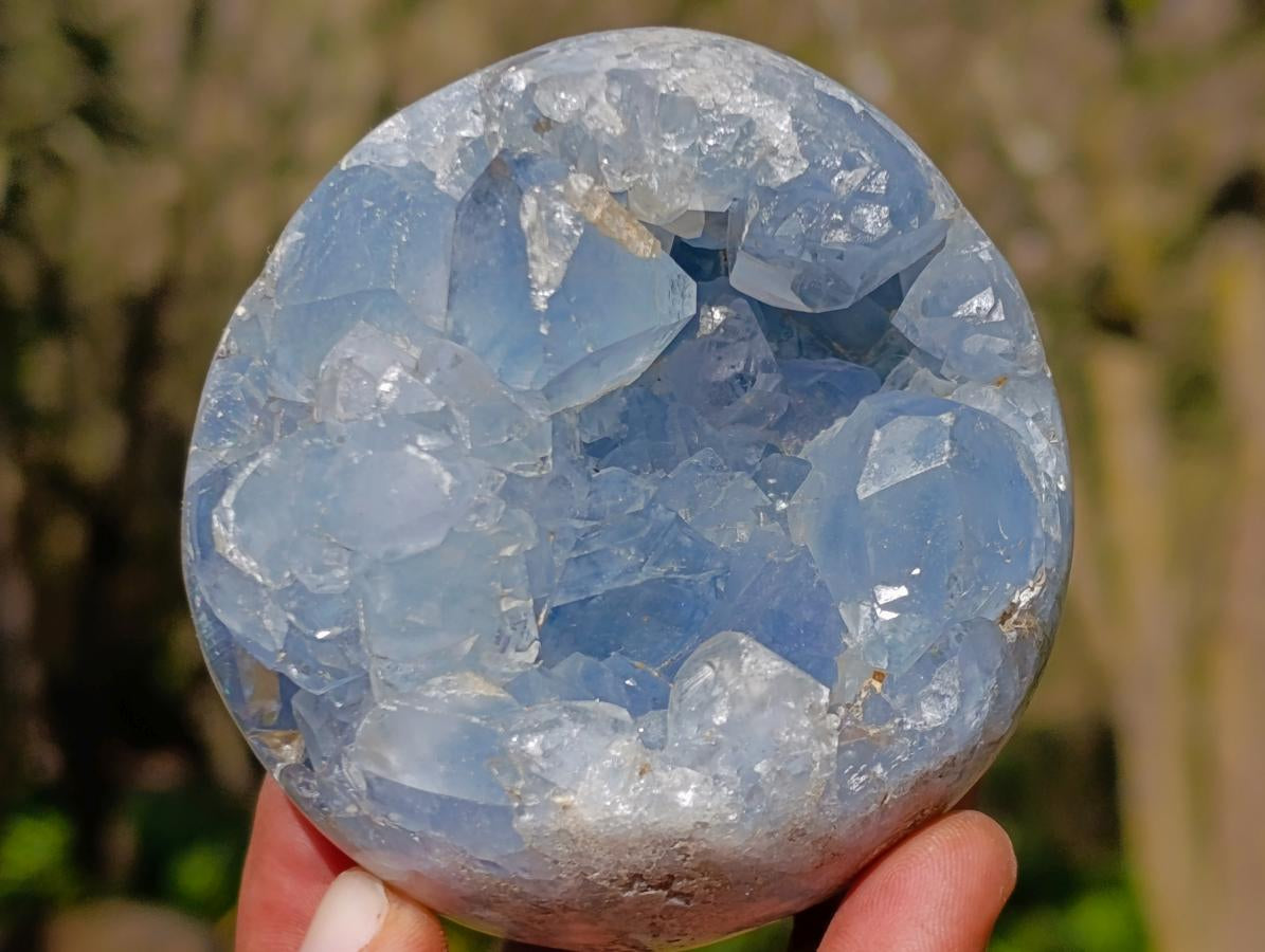 Polished and Natural Blue Celestite Geode Spheres x 3 From Sakoany, Madagascar - Toprock Gemstones and Minerals 