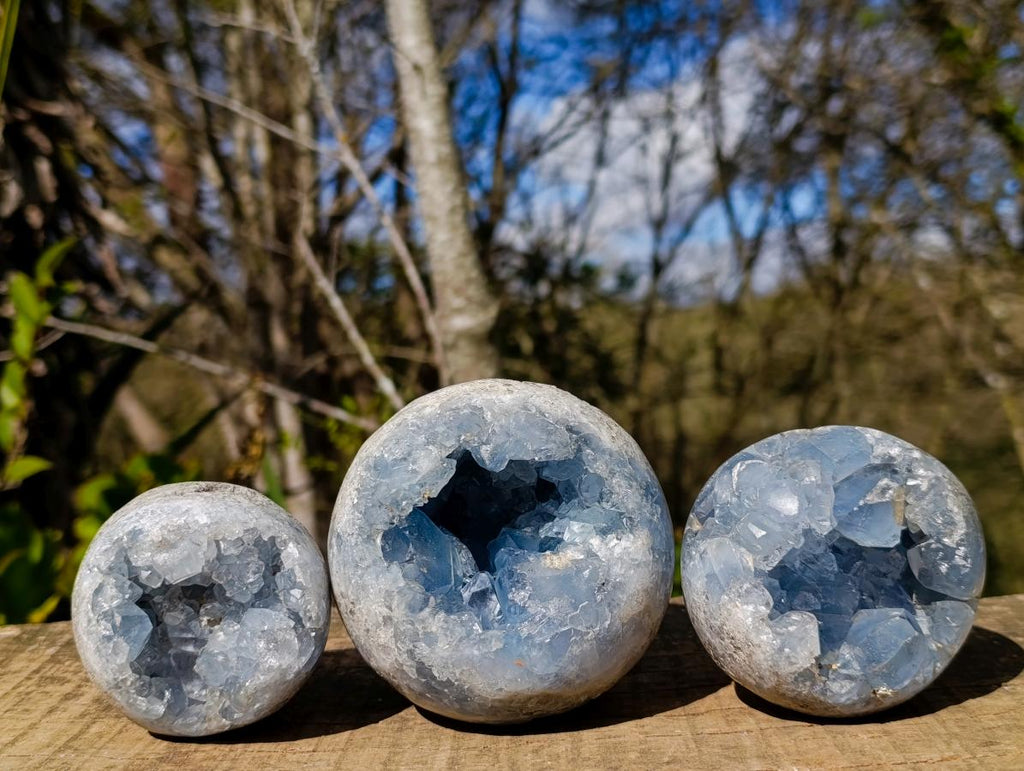 Polished and Natural Blue Celestite Geode Spheres x 3 From Sakoany, Madagascar - Toprock Gemstones and Minerals 