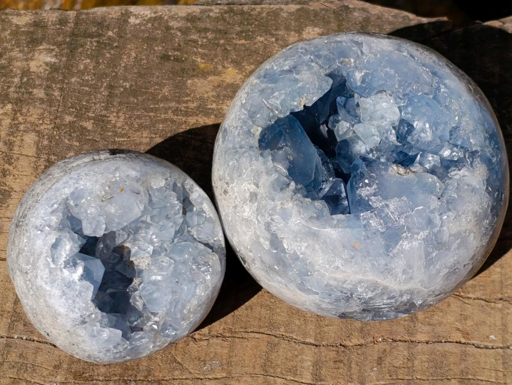 Polished and Natural Blue Celestite Geode Spheres x 3 From Sakoany, Madagascar - Toprock Gemstones and Minerals 