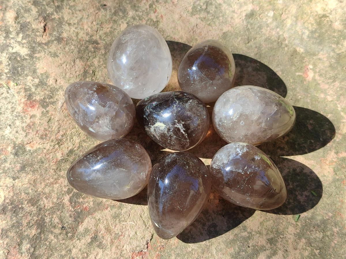 Polished Smokey Window Quartz Eggs x 12 From Madagascar - Toprock Gemstones and Minerals 