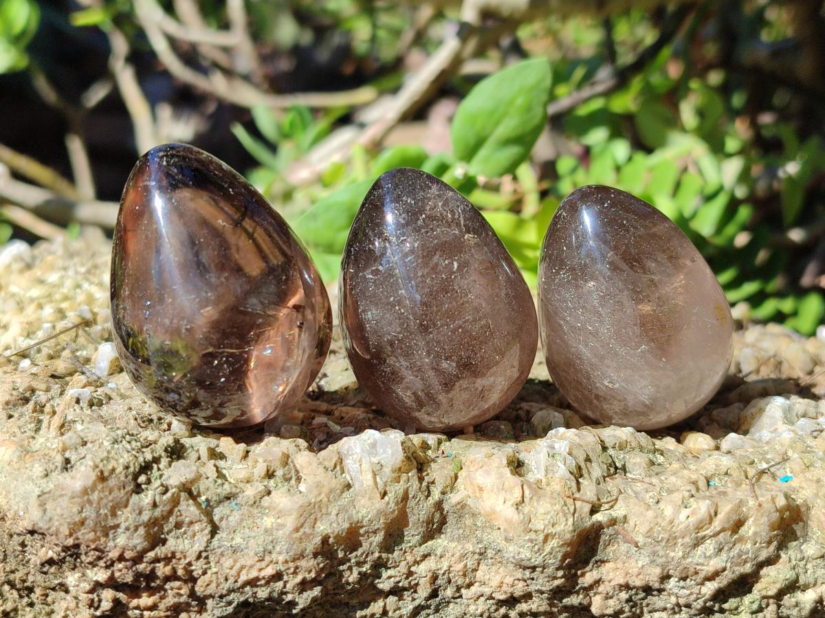 Polished Smokey Window Quartz Eggs x 12 From Madagascar - Toprock Gemstones and Minerals 