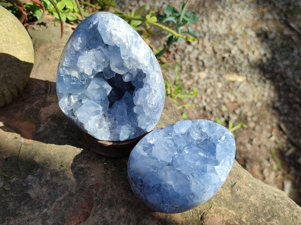 Polished and Natural Blue Celestite Eggs x 2 From Sakoany, Madagascar - Toprock Gemstones and Minerals 