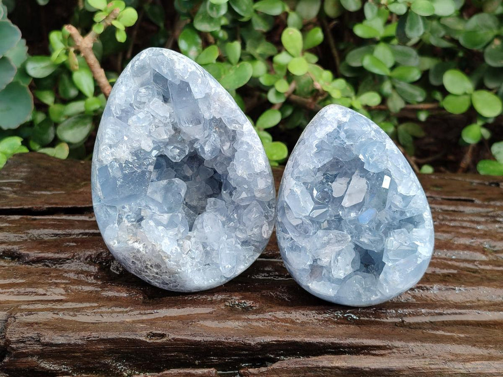 Polished and Natural Blue Celestite Eggs x 2 From Sakoany, Madagascar - Toprock Gemstones and Minerals 