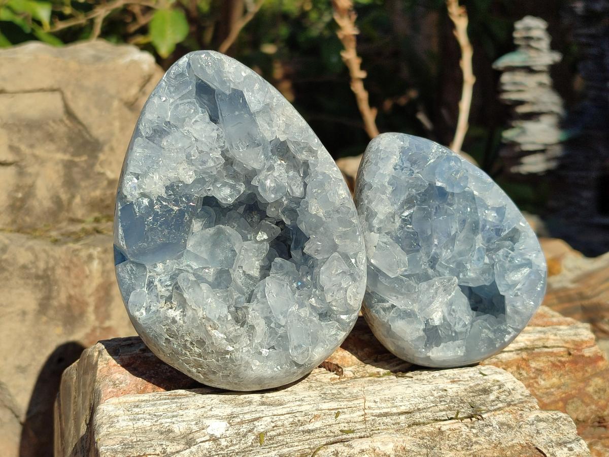 Polished and Natural Blue Celestite Eggs x 2 From Sakoany, Madagascar - Toprock Gemstones and Minerals 
