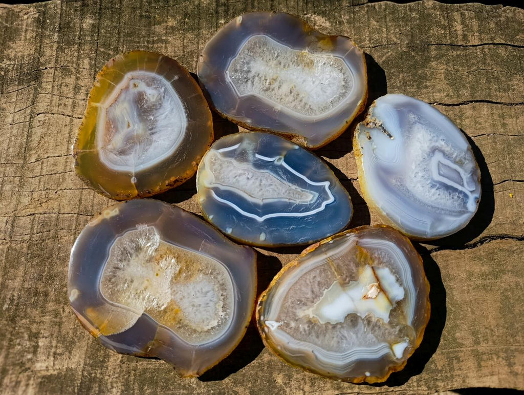 Polished Banded Agate Slices with Natural Edging x 6 From Madagascar - Toprock Gemstones and Minerals 
