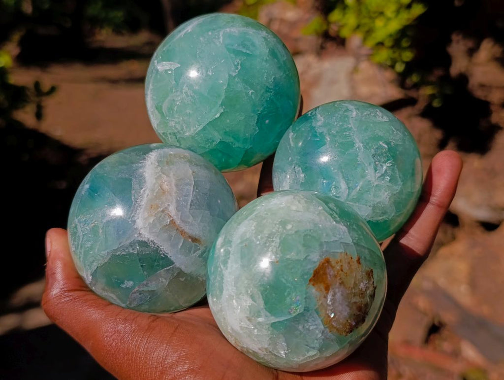 Polished Watermelon Fluorite Spheres x 4 From Uis, Namibia - Toprock Gemstones and Minerals 