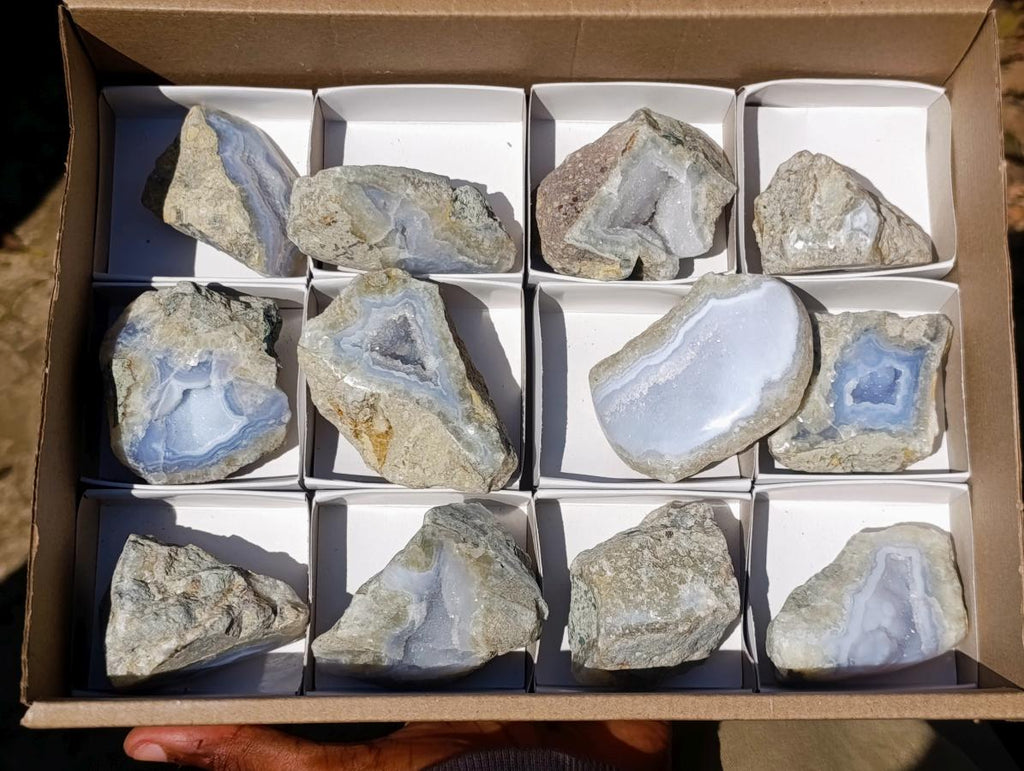 Polished One Side Blue Lace Agate Geodes x 12 From Nsanje, Malawi - Toprock Gemstones and Minerals 