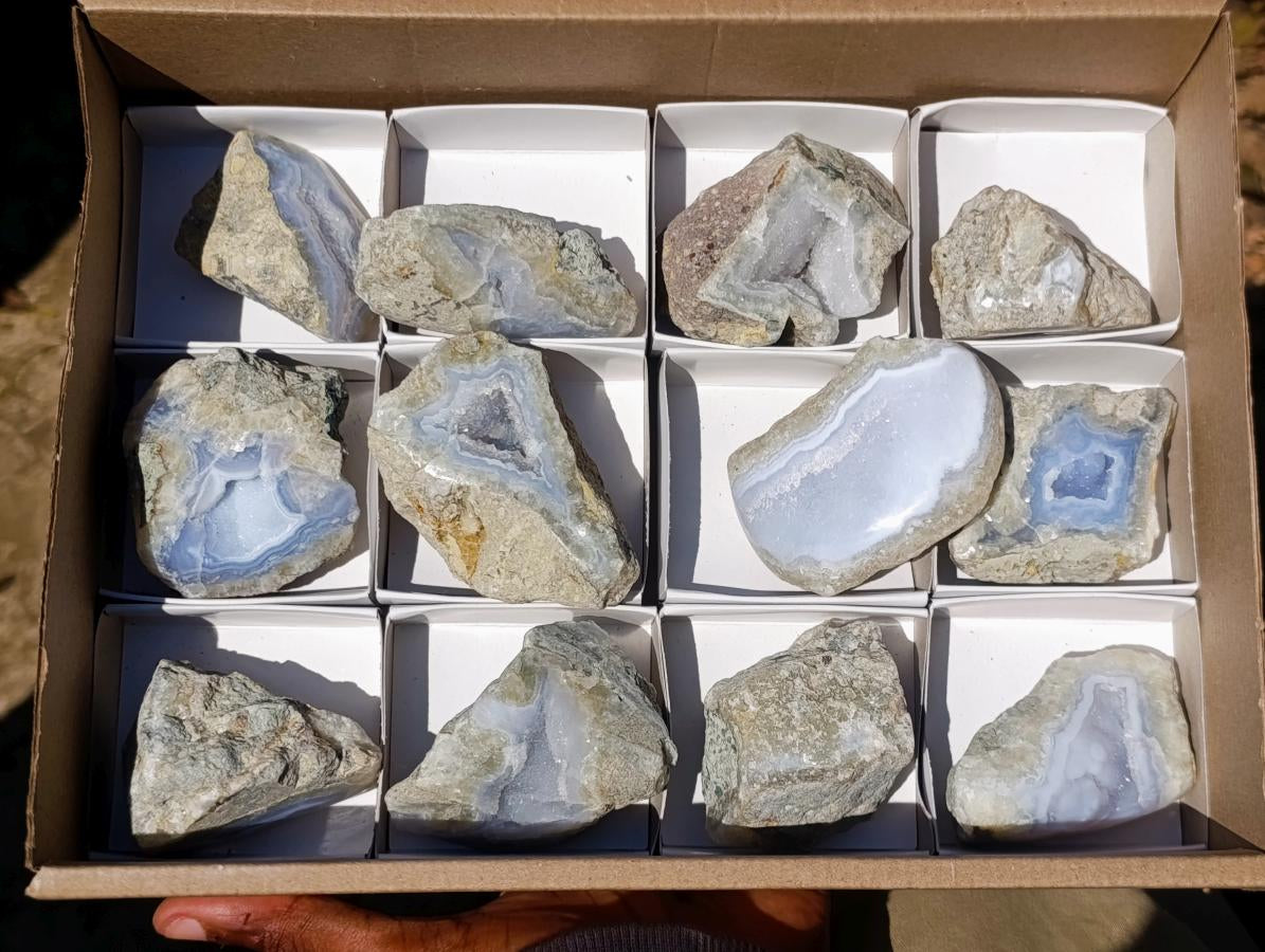 Polished One Side Blue Lace Agate Geodes x 12 From Nsanje, Malawi - Toprock Gemstones and Minerals 