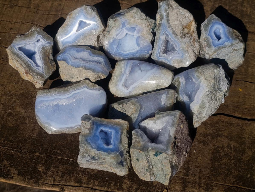 Polished One Side Blue Lace Agate Geodes x 12 From Nsanje, Malawi - Toprock Gemstones and Minerals 