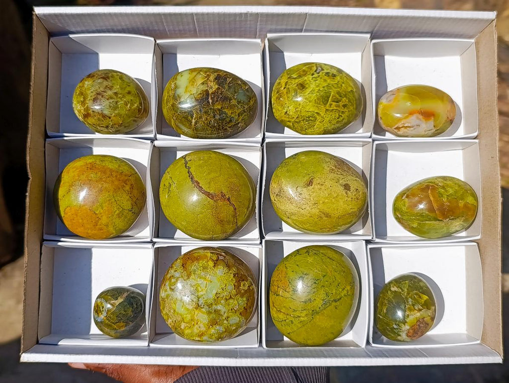 Polished Green Opal Palm Stones x 12 From Betroka, Madagascar - Toprock Gemstones and Minerals 
