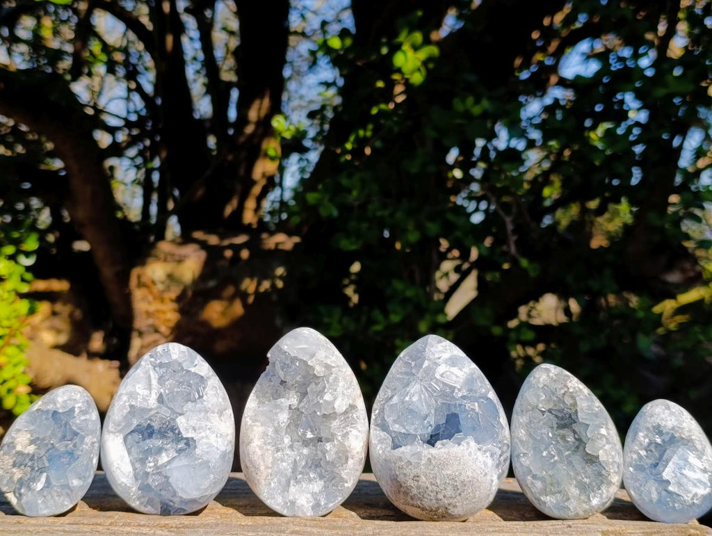 Polished and Natural Blue Celestite Eggs x 6 From Sakoany, Madagascar - Toprock Gemstones and Minerals 