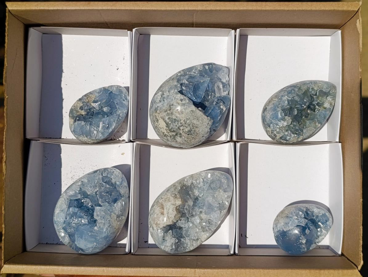 Polished and Natural Blue Celestite Eggs x 6 From Sakoany, Madagascar - Toprock Gemstones and Minerals 
