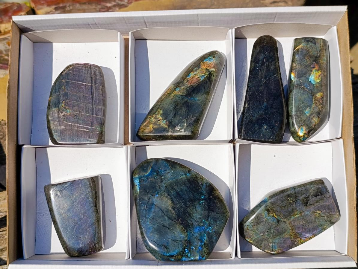 Polished Spectrolite Labradorite Standing Display Pieces x 7 From Madagascar - Toprock Gemstones and Minerals 