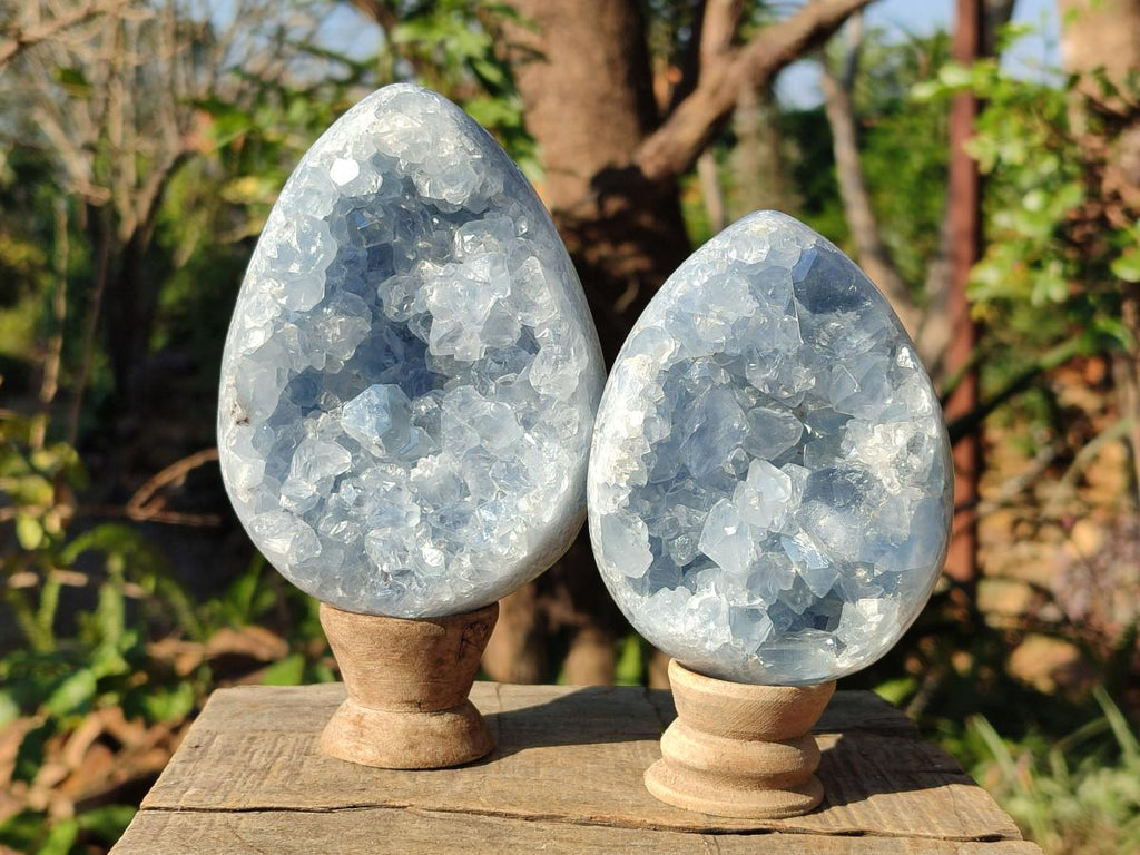 Polished and Natural Blue Celestite Eggs x 2 From Sakoany, Madagascar - Toprock Gemstones and Minerals 