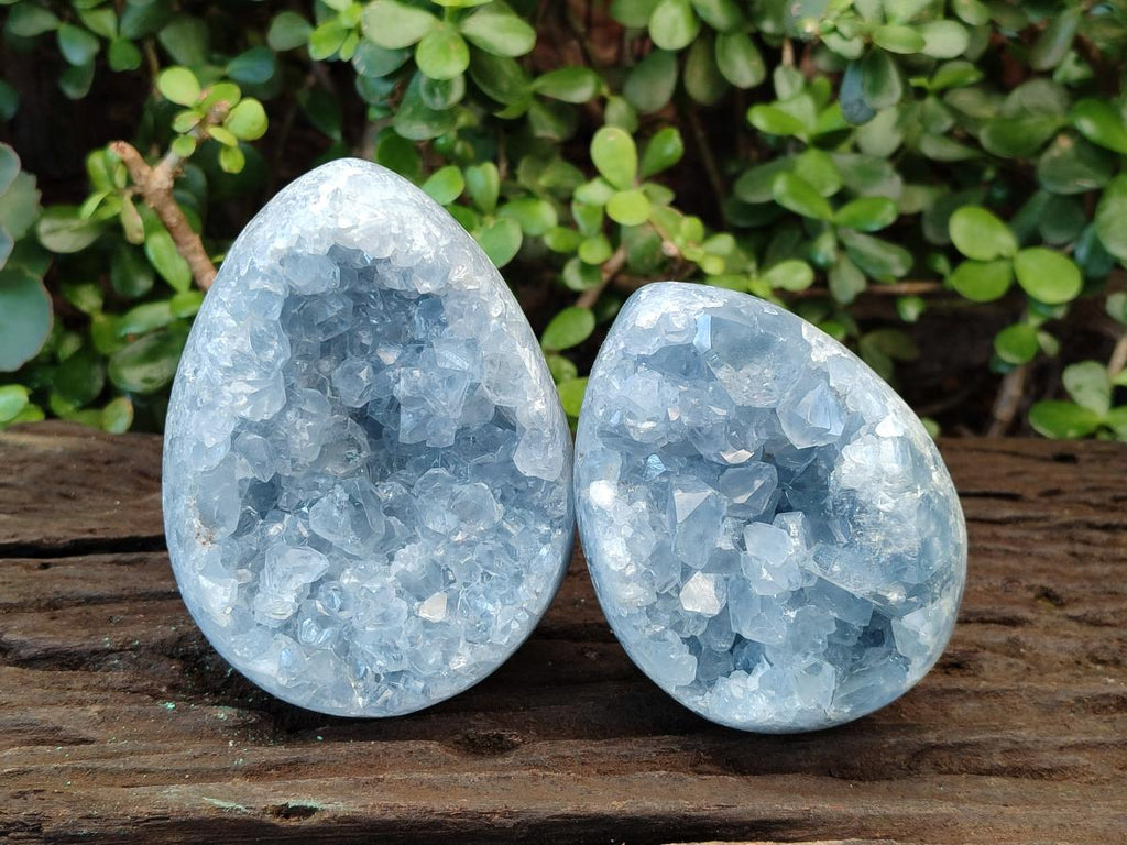 Polished and Natural Blue Celestite Eggs x 2 From Sakoany, Madagascar - Toprock Gemstones and Minerals 