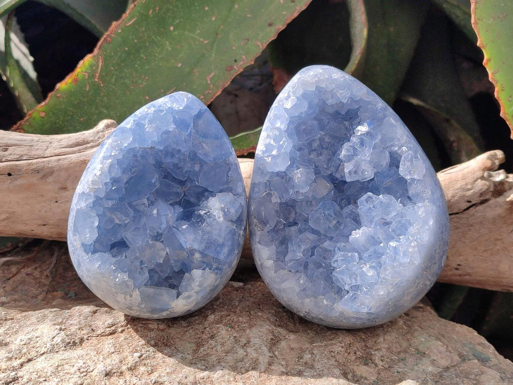 Polished and Natural Blue Celestite Eggs x 2 From Sakoany, Madagascar - Toprock Gemstones and Minerals 