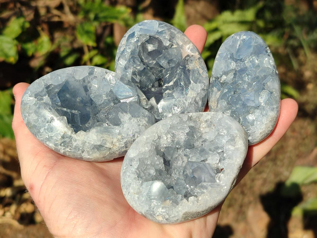 Polished and Natural Blue Celestite Palm Size Geodes x 12 From Sakoany, Madagascar - Toprock Gemstones and Minerals 