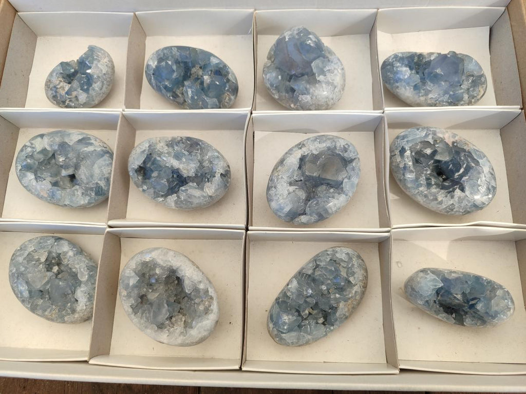 Polished and Natural Blue Celestite Palm Size Geodes x 12 From Sakoany, Madagascar - Toprock Gemstones and Minerals 