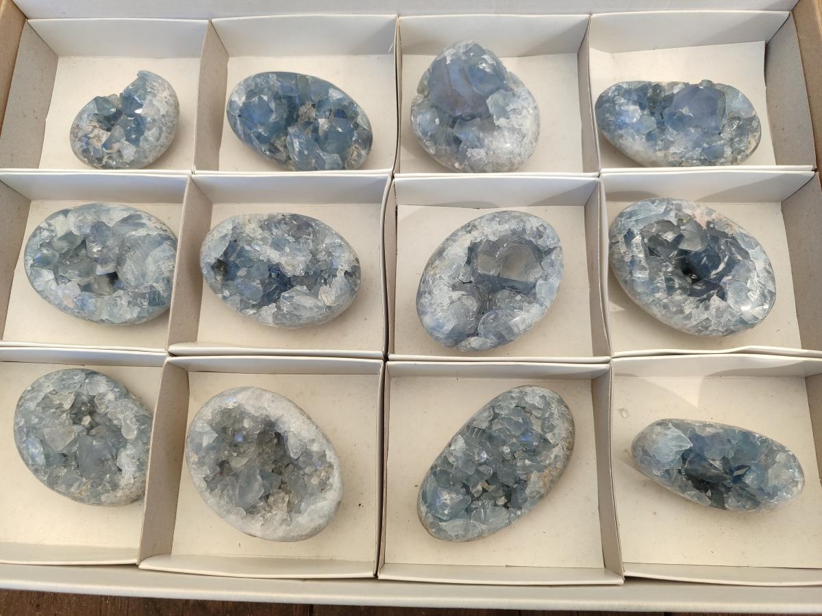 Polished and Natural Blue Celestite Palm Size Geodes x 12 From Sakoany, Madagascar - Toprock Gemstones and Minerals 
