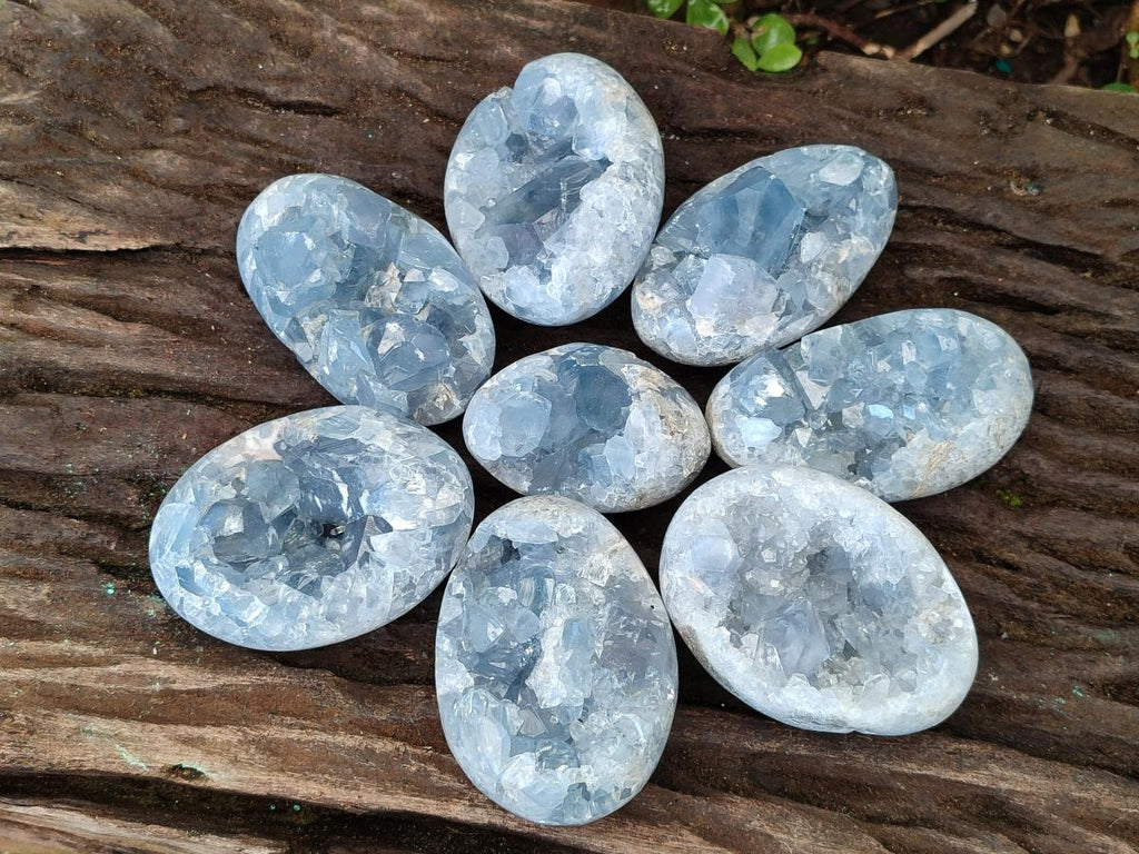 Polished and Natural Blue Celestite Palm Size Geodes x 12 From Sakoany, Madagascar - Toprock Gemstones and Minerals 