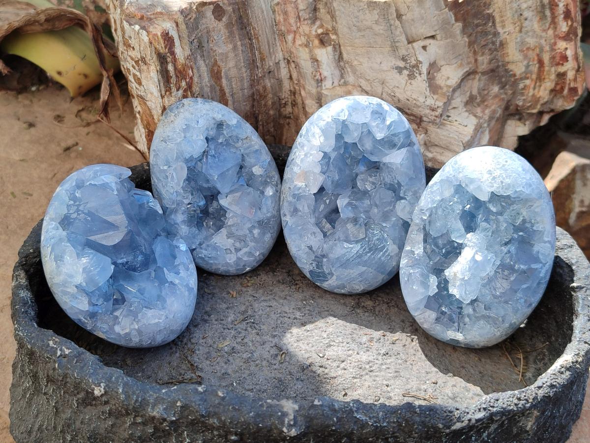 Polished and Natural Blue Celestite Palm Size Geodes x 12 From Sakoany, Madagascar - Toprock Gemstones and Minerals 