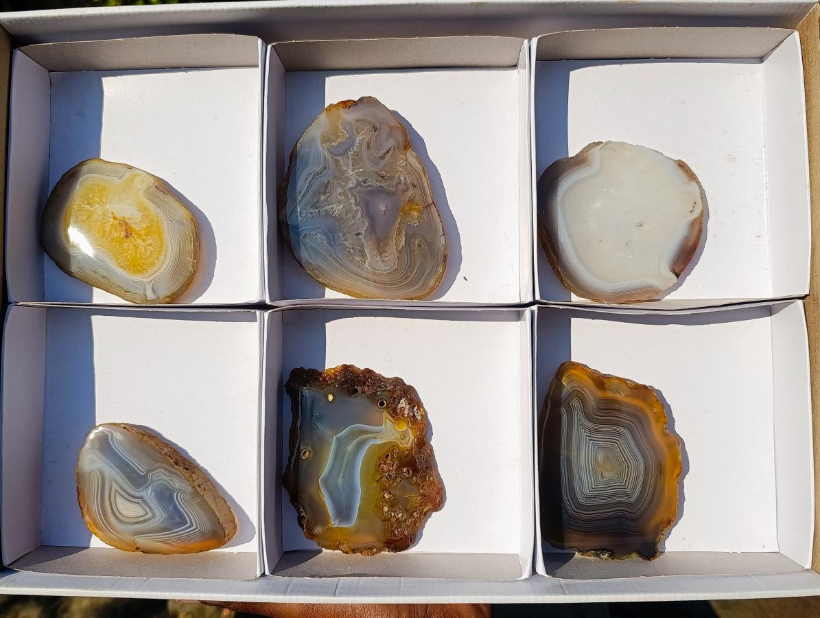 Polished and Natural Banded Agate Slices with Natural Edging x 6 From Madagascar - Toprock Gemstones and Minerals 
