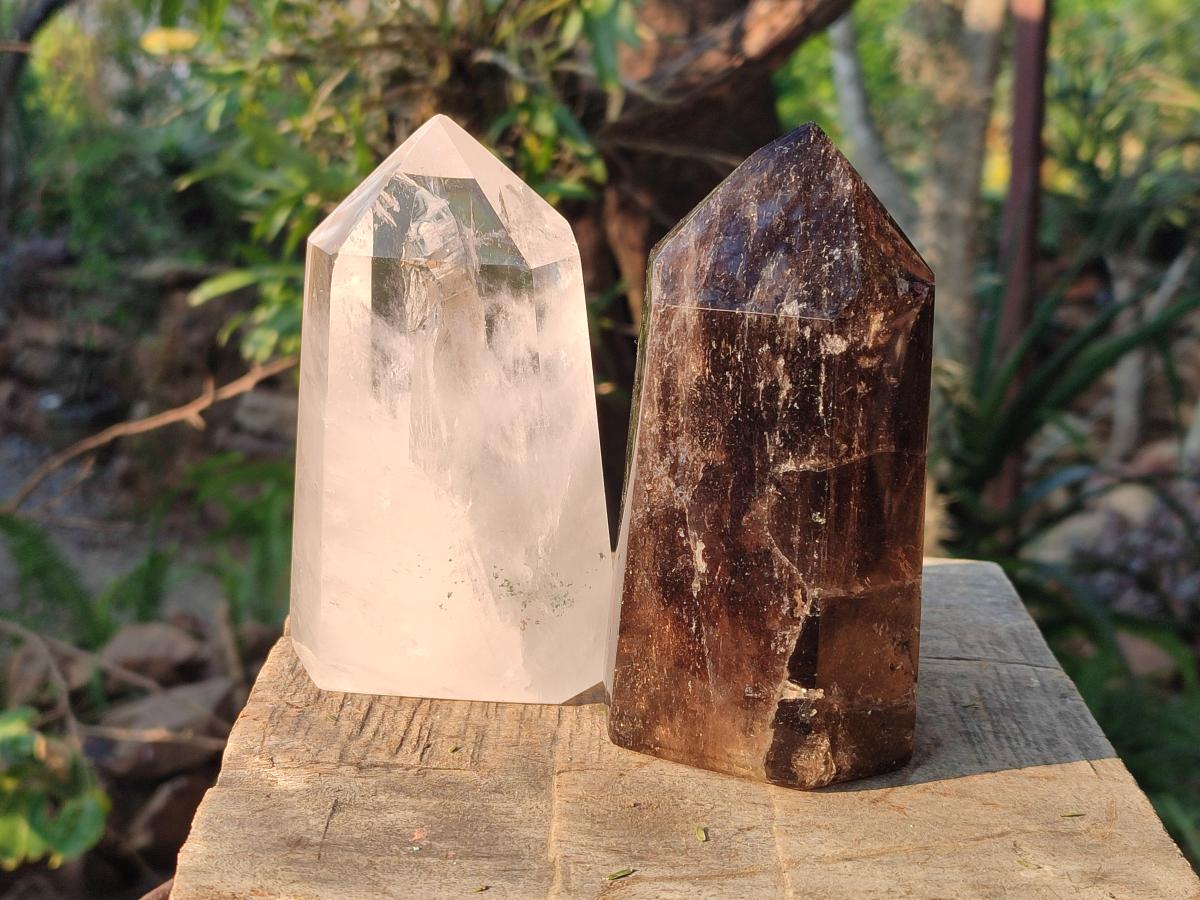 Polished Mixed Clear Quartz and Smokey Morion Quartz Display Crystals x 2 From Madagascar - Toprock Gemstones and Minerals 