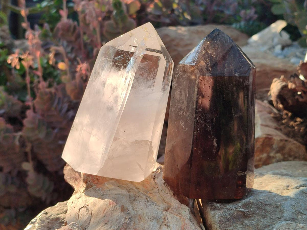 Polished Mixed Clear Quartz and Smokey Morion Quartz Display Crystals x 2 From Madagascar - Toprock Gemstones and Minerals 