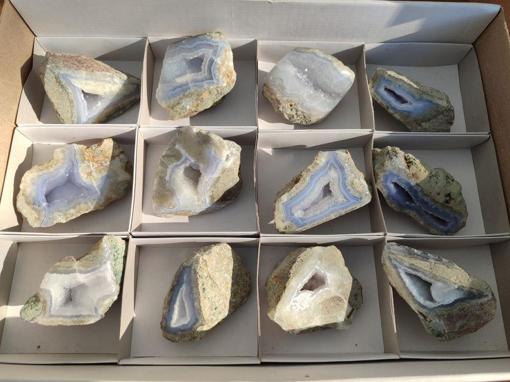 Polished One Side Blue Lace Agate Geodes x 12 From Nsanje, Malawi - Toprock Gemstones and Minerals 