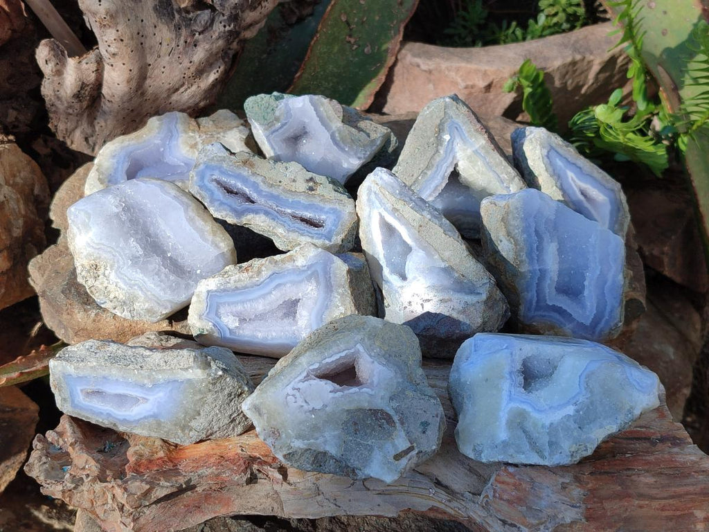 Polished One Side Blue Lace Agate Geodes x 12 From Nsanje, Malawi - Toprock Gemstones and Minerals 
