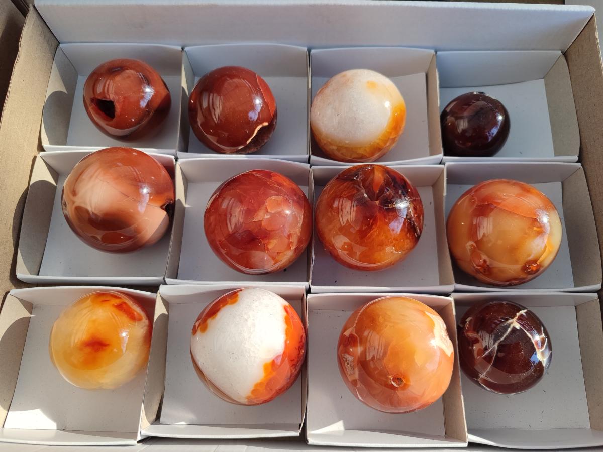 Polished and Natural Small Carnelian Agate Gemstone Spheres x 12 From Madagascar - Toprock Gemstones and Minerals 