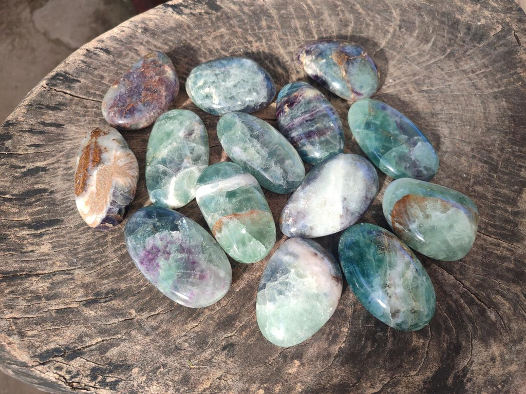 Polished Watermelon Fluorite Palm Stones x 14 From Uis, Namibia - Toprock Gemstones and Minerals 