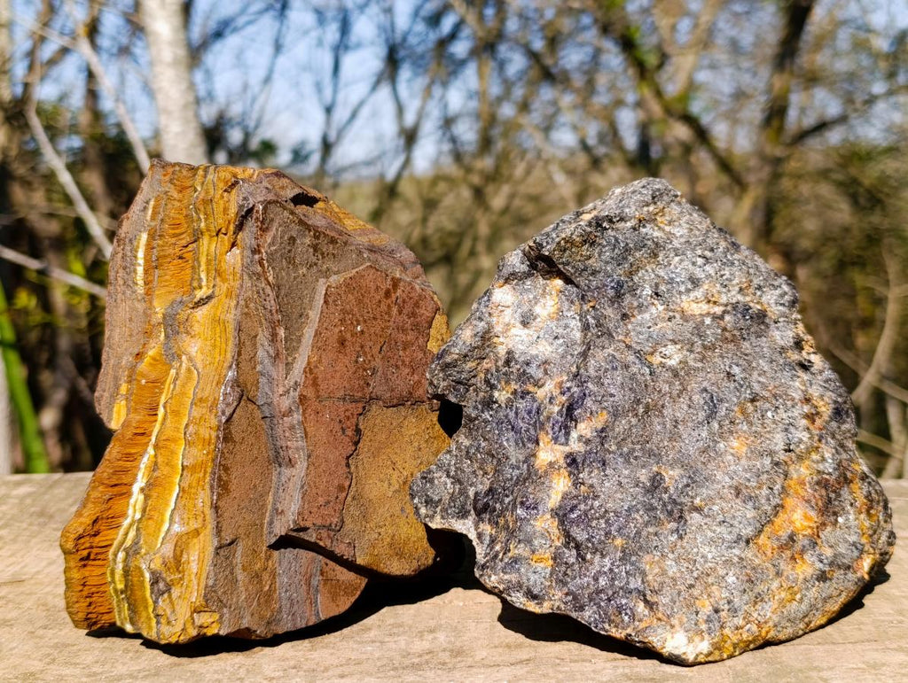 Natural Golden Tigers Eye and Cordierite Thick Slabs x 2 From South Africa and Madagascar - Toprock Gemstones and Minerals 