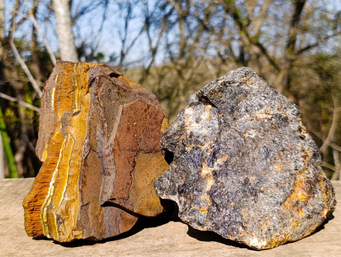 Natural Golden Tigers Eye and Cordierite Thick Slabs x 2 From South Africa and Madagascar - Toprock Gemstones and Minerals 