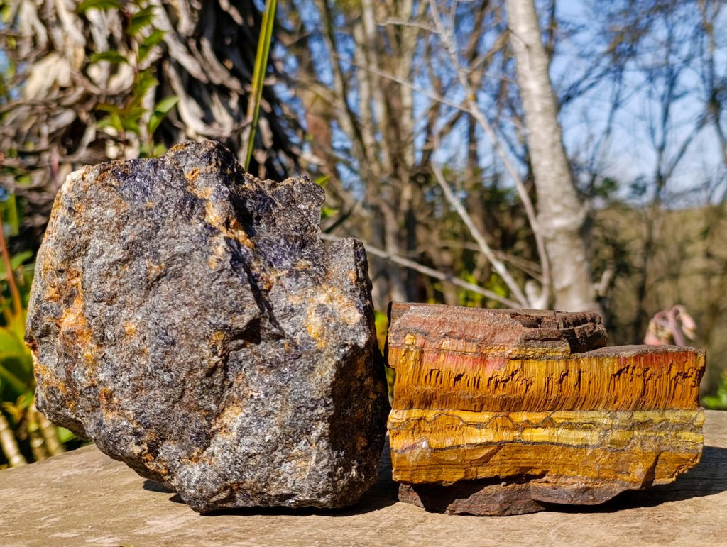 Natural Golden Tigers Eye and Cordierite Thick Slabs x 2 From South Africa and Madagascar - Toprock Gemstones and Minerals 