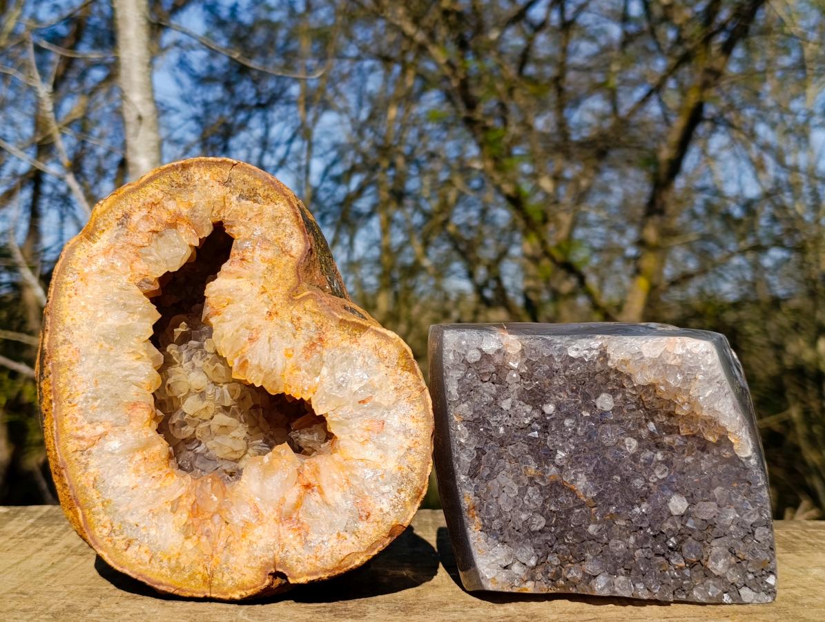 Polished and Natural Agate with Crystalline Geode Centres x 2 From Maintirano, Madagascar - Toprock Gemstones and Minerals 