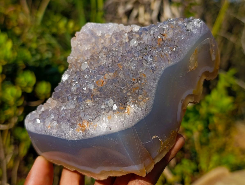 Polished and Natural Agate with Crystalline Geode Centres x 2 From Maintirano, Madagascar - Toprock Gemstones and Minerals 
