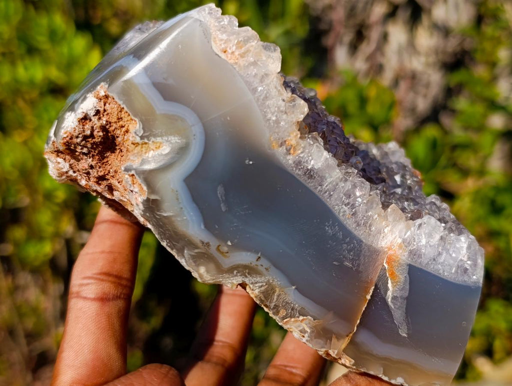 Polished and Natural Agate with Crystalline Geode Centres x 2 From Maintirano, Madagascar - Toprock Gemstones and Minerals 