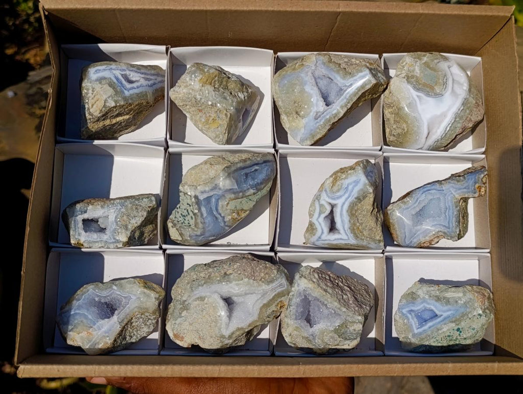 Polished One Side Blue Lace Agate Geodes x 12 From Nsanje, Malawi - Toprock Gemstones and Minerals 