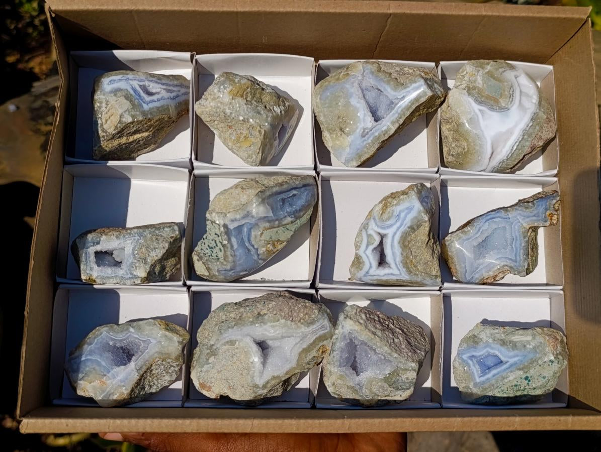 Polished One Side Blue Lace Agate Geodes x 12 From Nsanje, Malawi - Toprock Gemstones and Minerals 