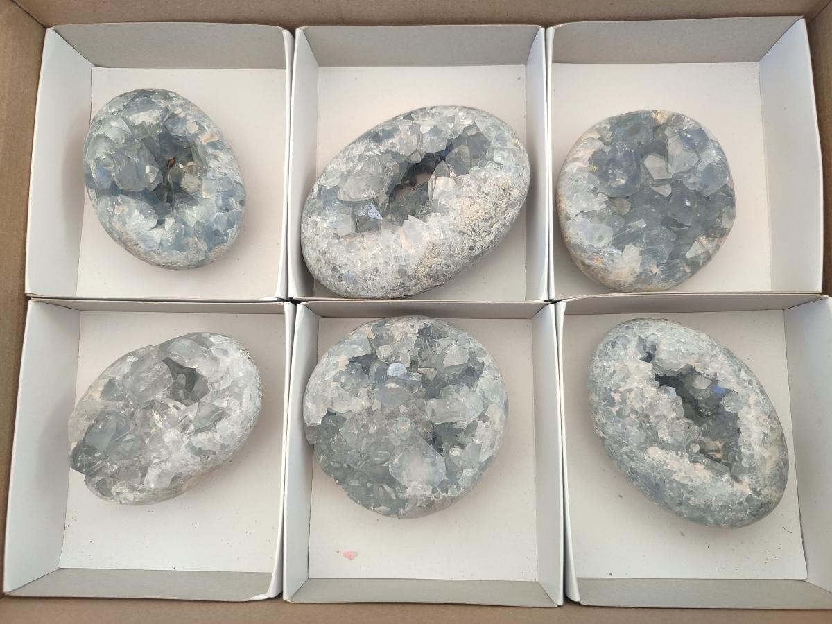 Polished and Natural Blue Celestite Free Forms x 6 From Sakoany, Madagascar - Toprock Gemstones and Minerals 