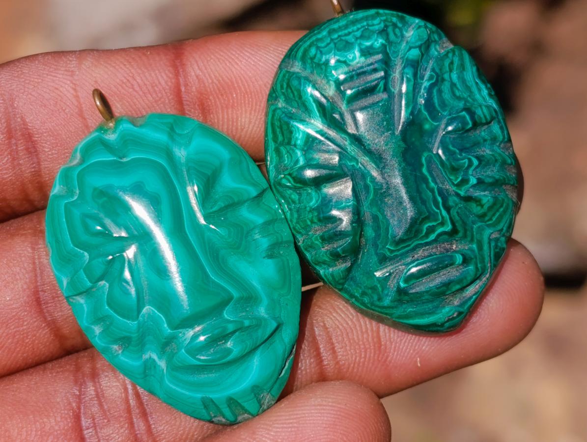 Hand Made Flower Banded Malachite Face Mask Carved Pendants x 10 From Congo - Toprock Gemstones and Minerals 
