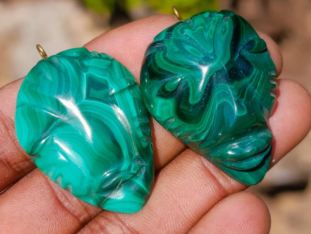Hand Made Flower Banded Malachite Face Mask Carved Pendants x 10 From Congo - Toprock Gemstones and Minerals 